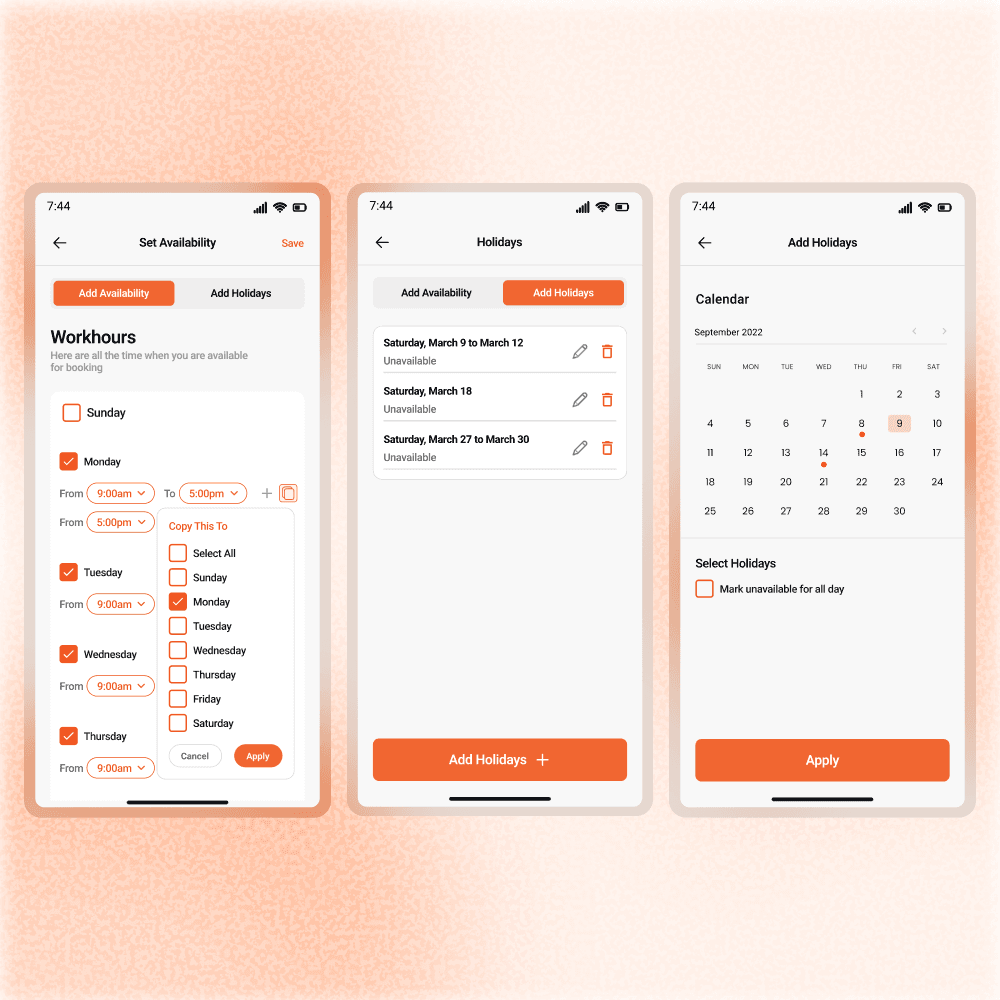 Set Availability Screens